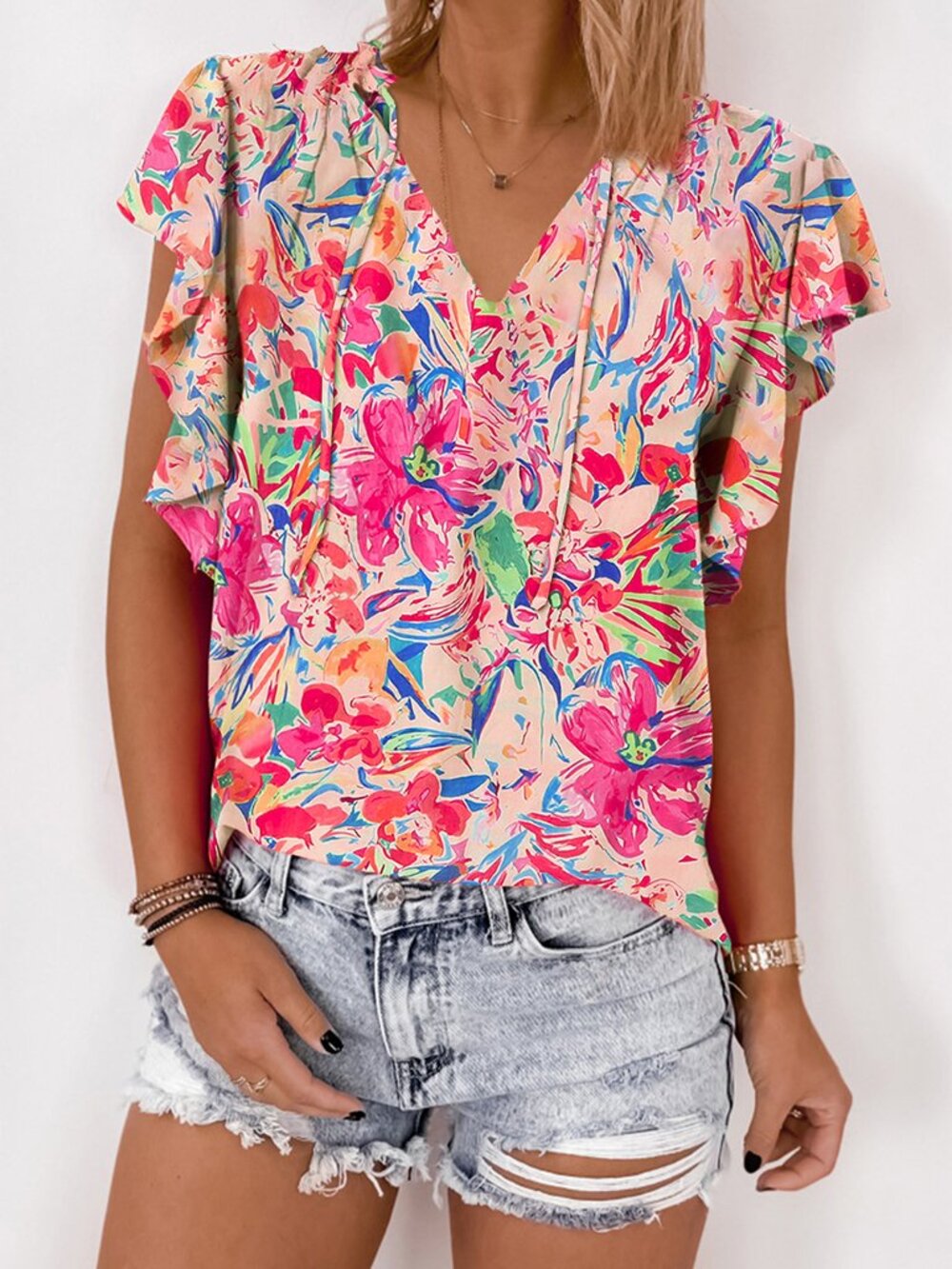NWOT Multicolor Floral Ruffled Sleeve V Neck Summer Blouse